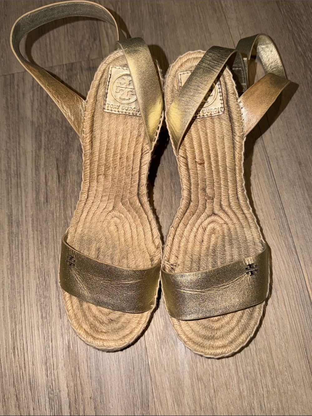 Tory Burch Metallic Gold Espadrille Wedge Sandals